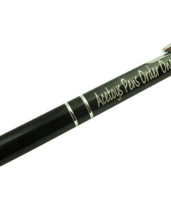 black laser engraved pen with silver text