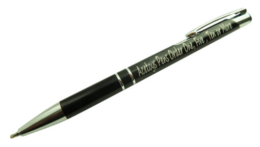 black laser engraved pen with silver text